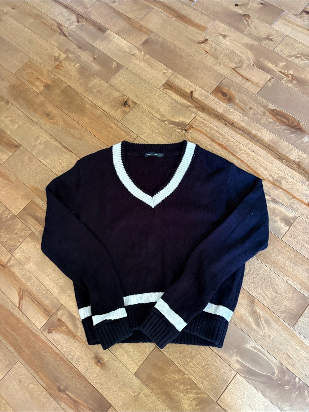 Brandy Melville Navy V-Neck Sweater with Cream Contrast Trim